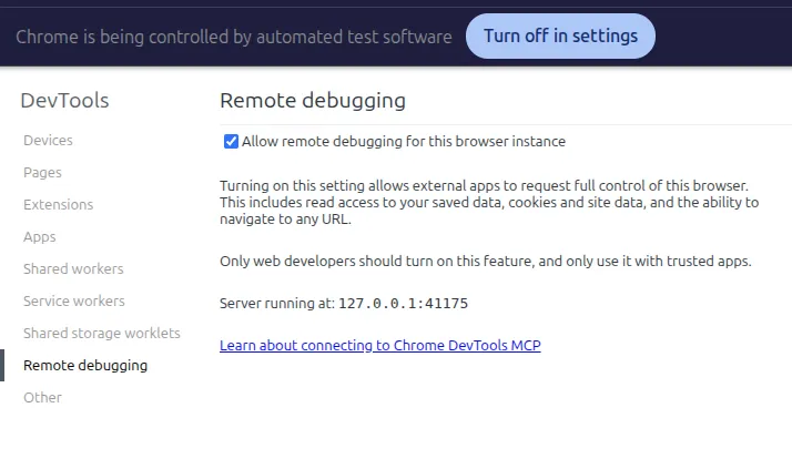 หน้าตั้งค่า Chrome remote debugging เปิด 'Allow remote debugging' แล้ว