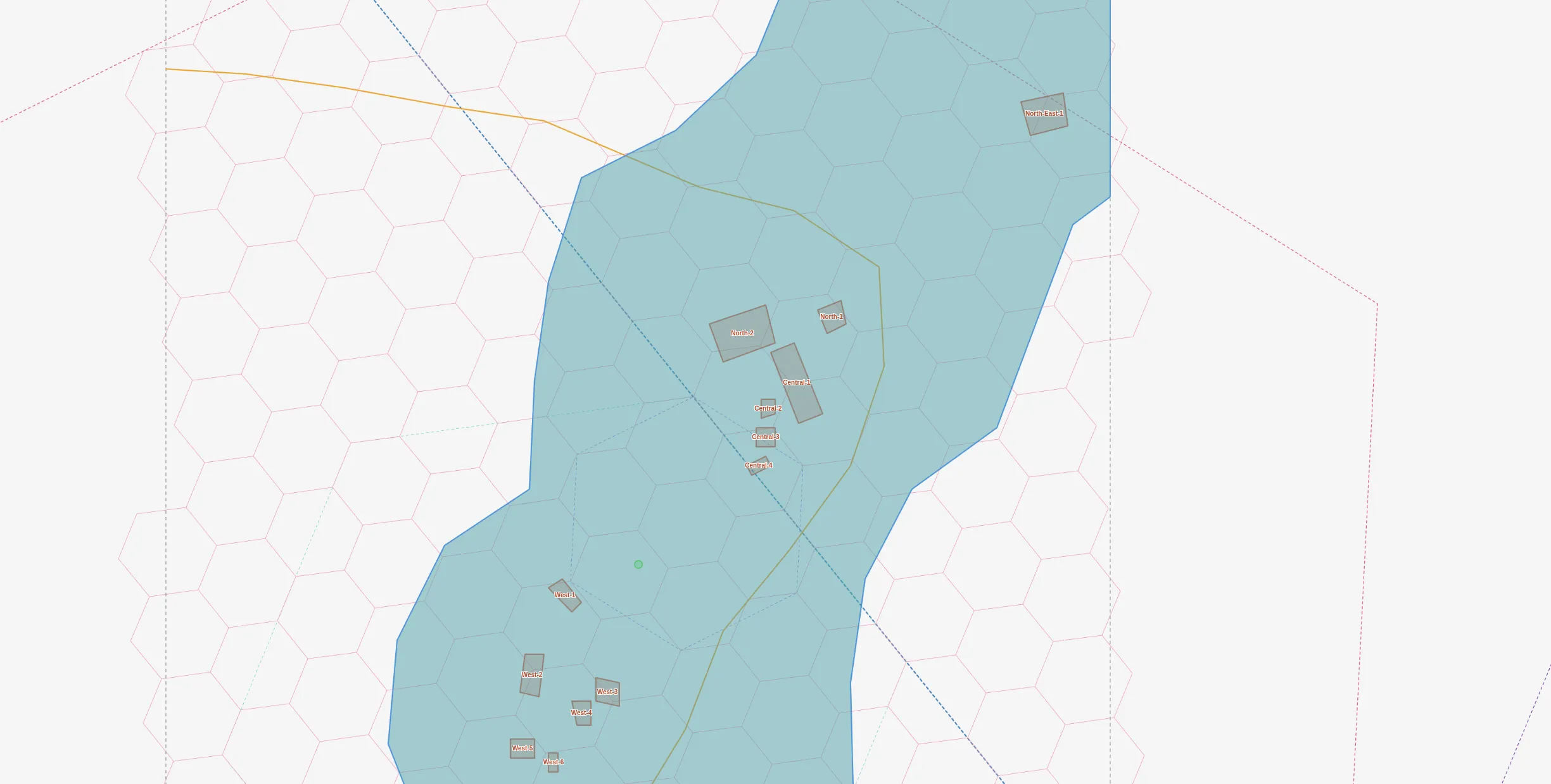 DRC toy map showing building clusters with H3 hexagonal grid overlay