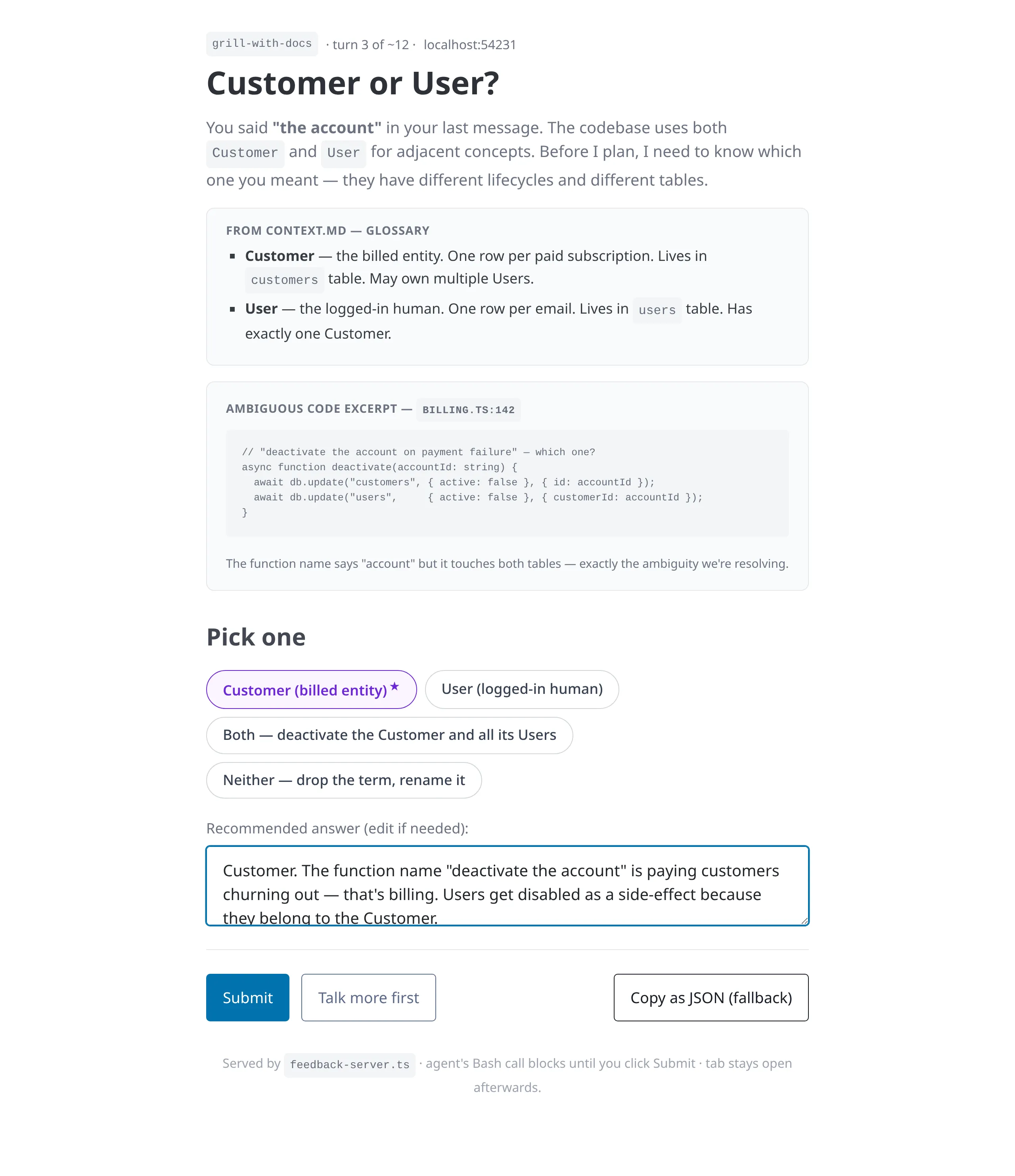 Screenshot เต็มหน้าของ Mode 2 panel พร้อม textarea คำตอบแนะนำ ปุ่ม Submit / Talk more first / Copy-as-JSON