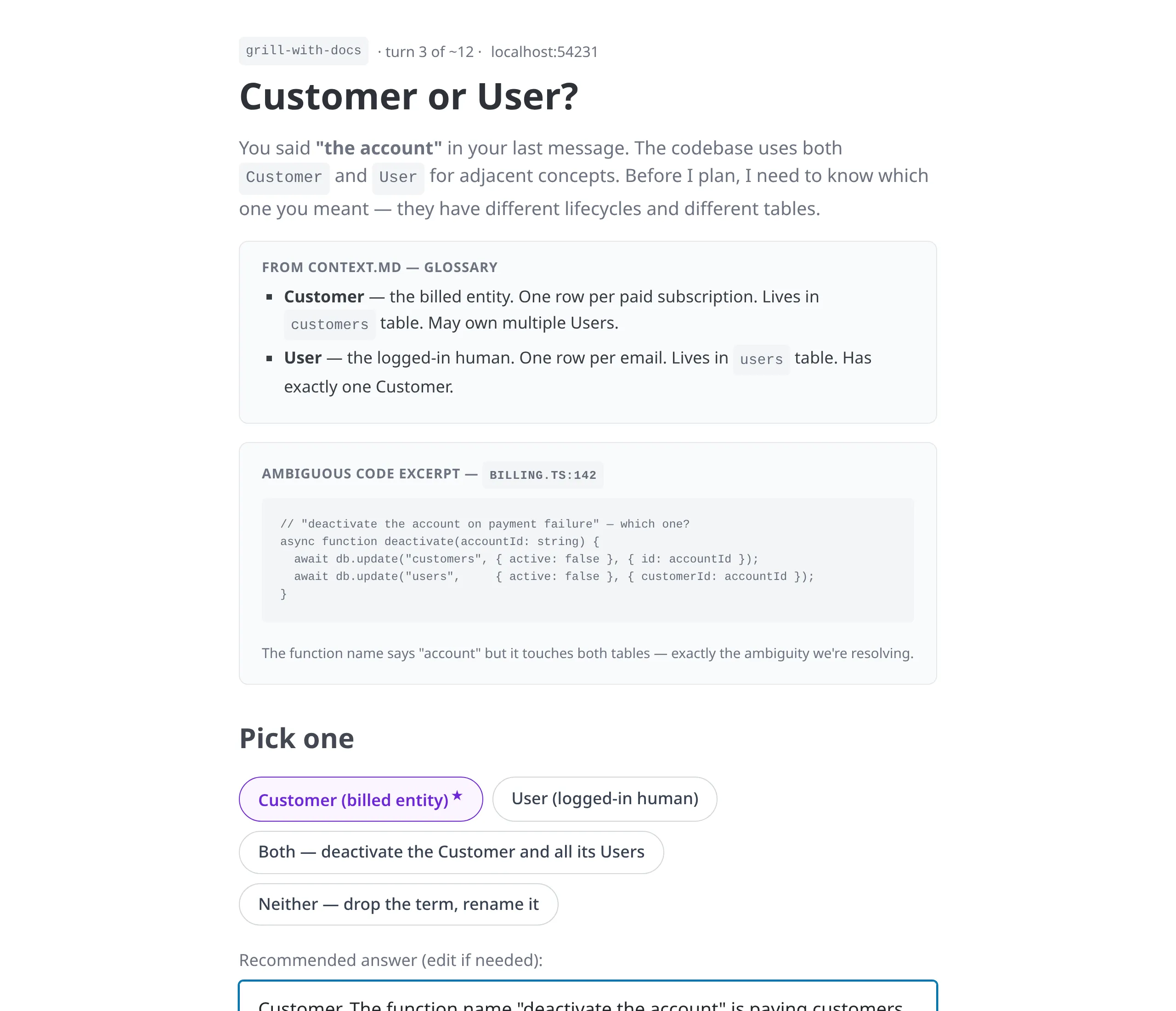 Screenshot ของ Mode 2 feedback panel — 'Customer or User?' glossary block code excerpt chip 4 ตัวที่ Customer แนะนำสีม่วง และ textarea คำตอบแนะนำที่ pre-fill