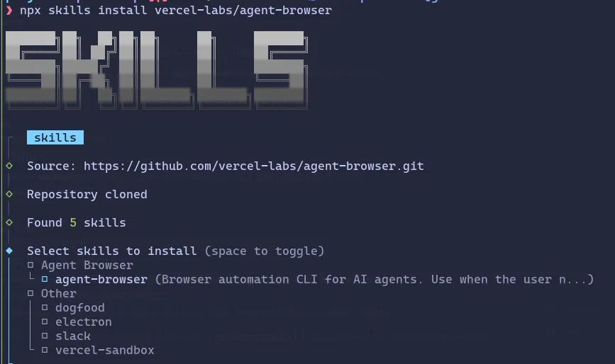 Skills installer แสดง agent-browser skill พร้อมติดตั้ง