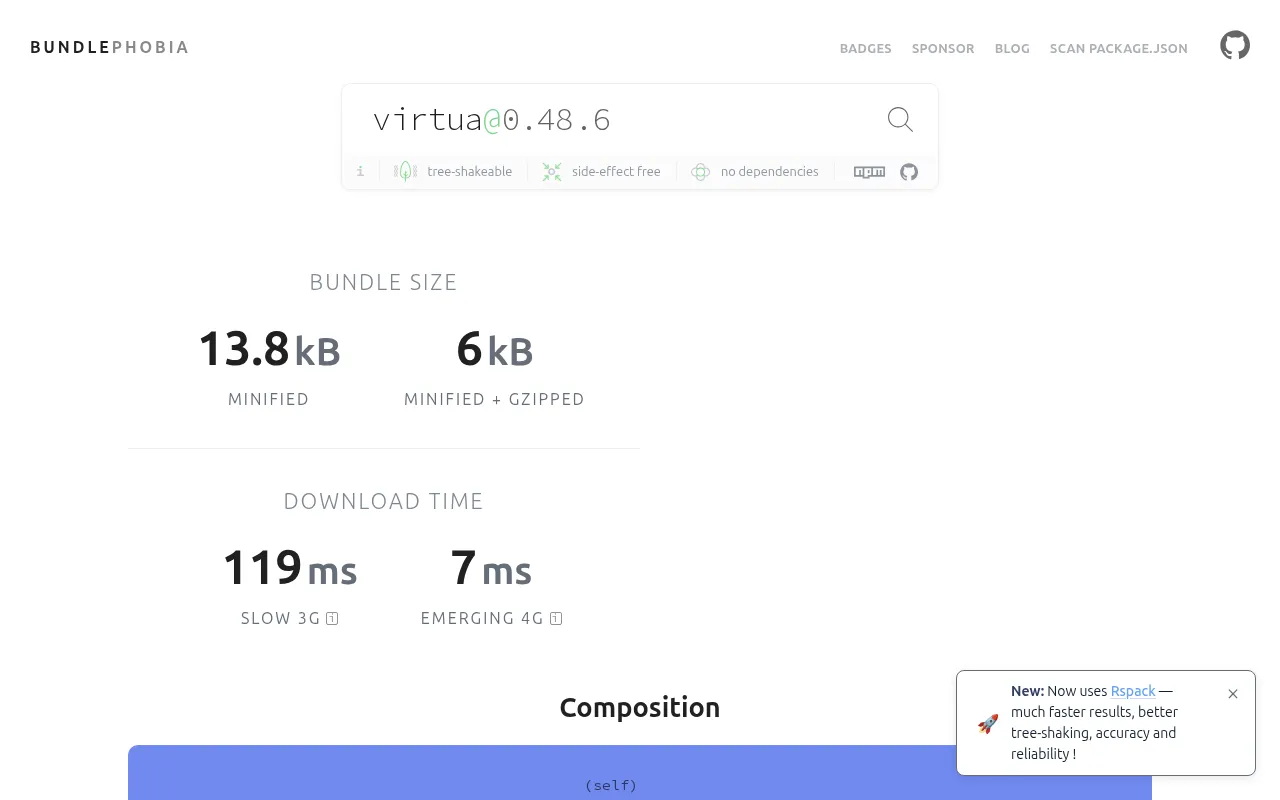 virtua bundle size on Bundlephobia — 6kB gzipped, zero dependencies