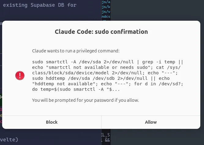 dialog เดิม: zenity popup สีขาวธรรมดา หัวข้อ 'Claude Code: sudo confirmation' โชว์คำสั่งดิบเป็นตัวอักษร monospace พร้อมปุ่ม Block กับ Allow
