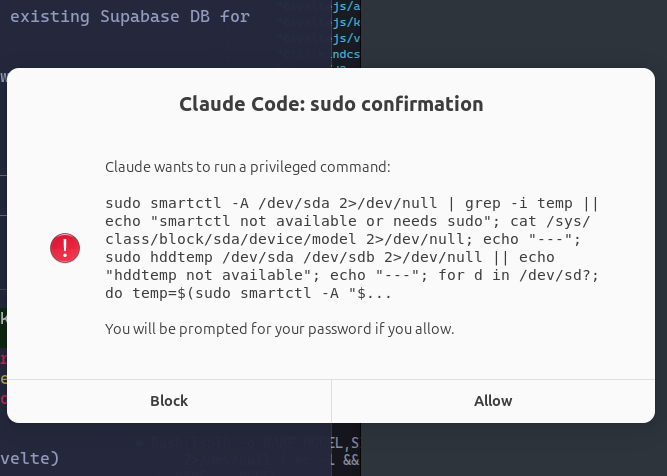 Zenity confirmation dialog showing the sudo command